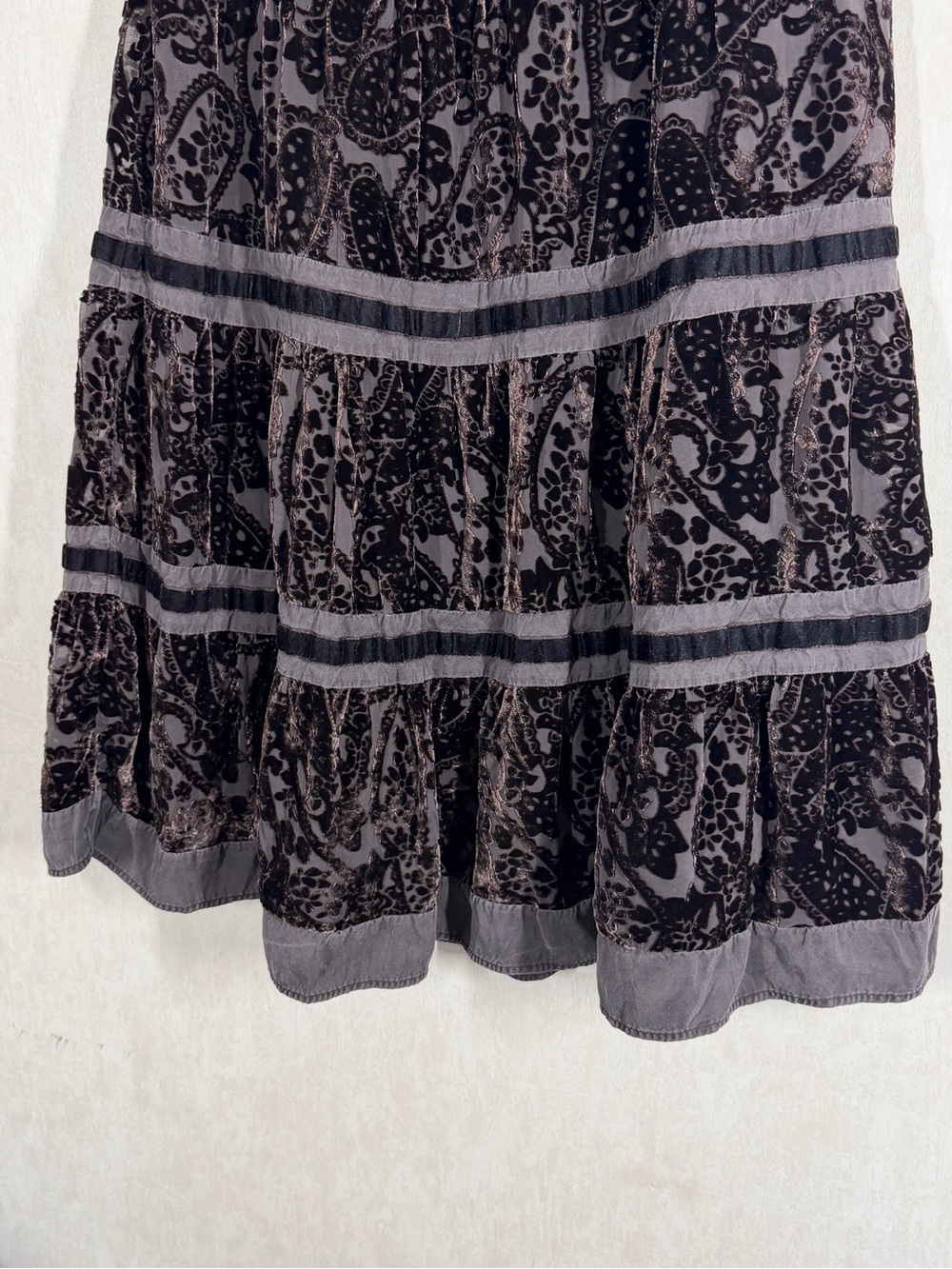 Garnet Hill Black Velvet Burnout Tiered Midi Skirt with Gray Bands - Picture 8 of 12
